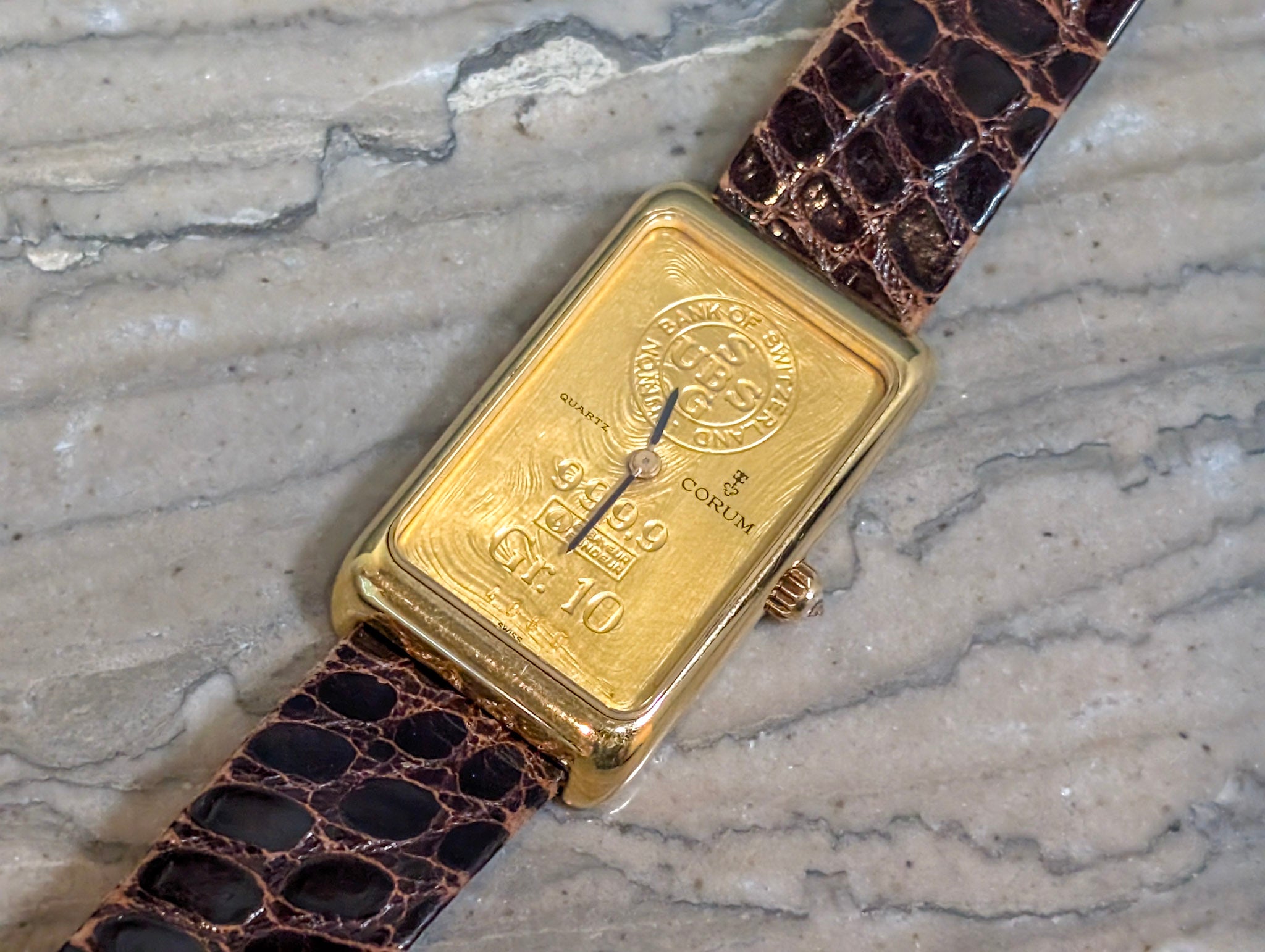 Corum 18K Yellow Gold 10 Gram Gold Ingot Dial Quartz Dress Watch Original Buckle