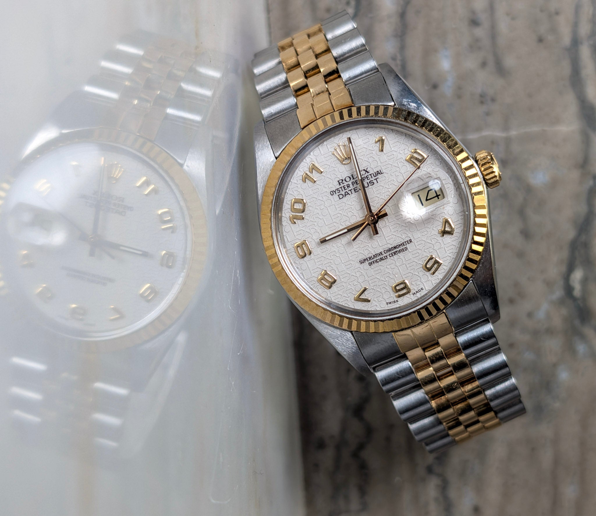 Rolex Datejust Two Tone 36 White Motif Anniversary Dial Arabic Yellow Gold Steel