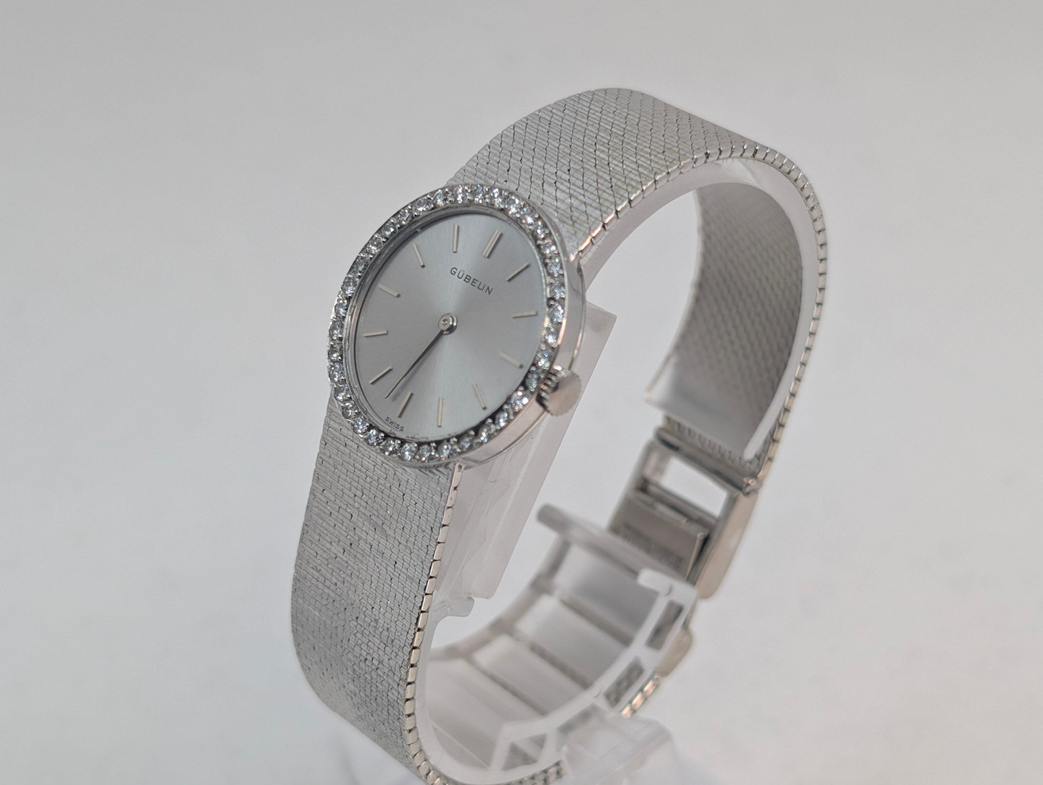 Gubelin White Gold Diamond Bezel Sunburst Dial 24mm Vintage Swiss Watch
