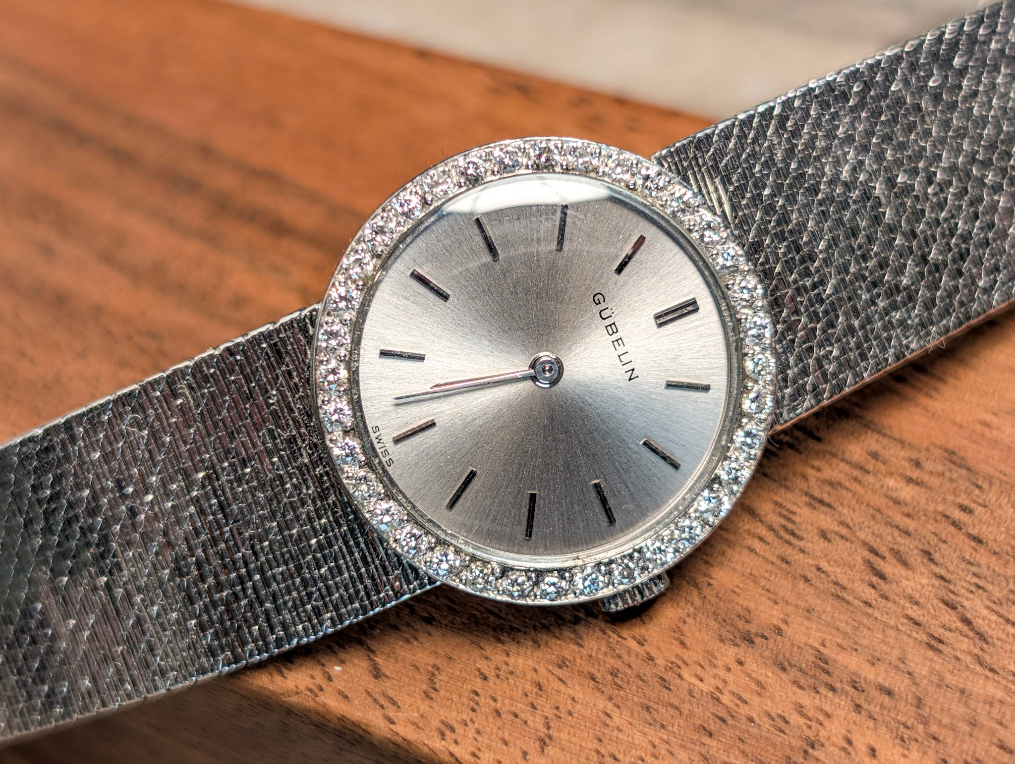 Gubelin White Gold Diamond Bezel Sunburst Dial 24mm Vintage Swiss Watch