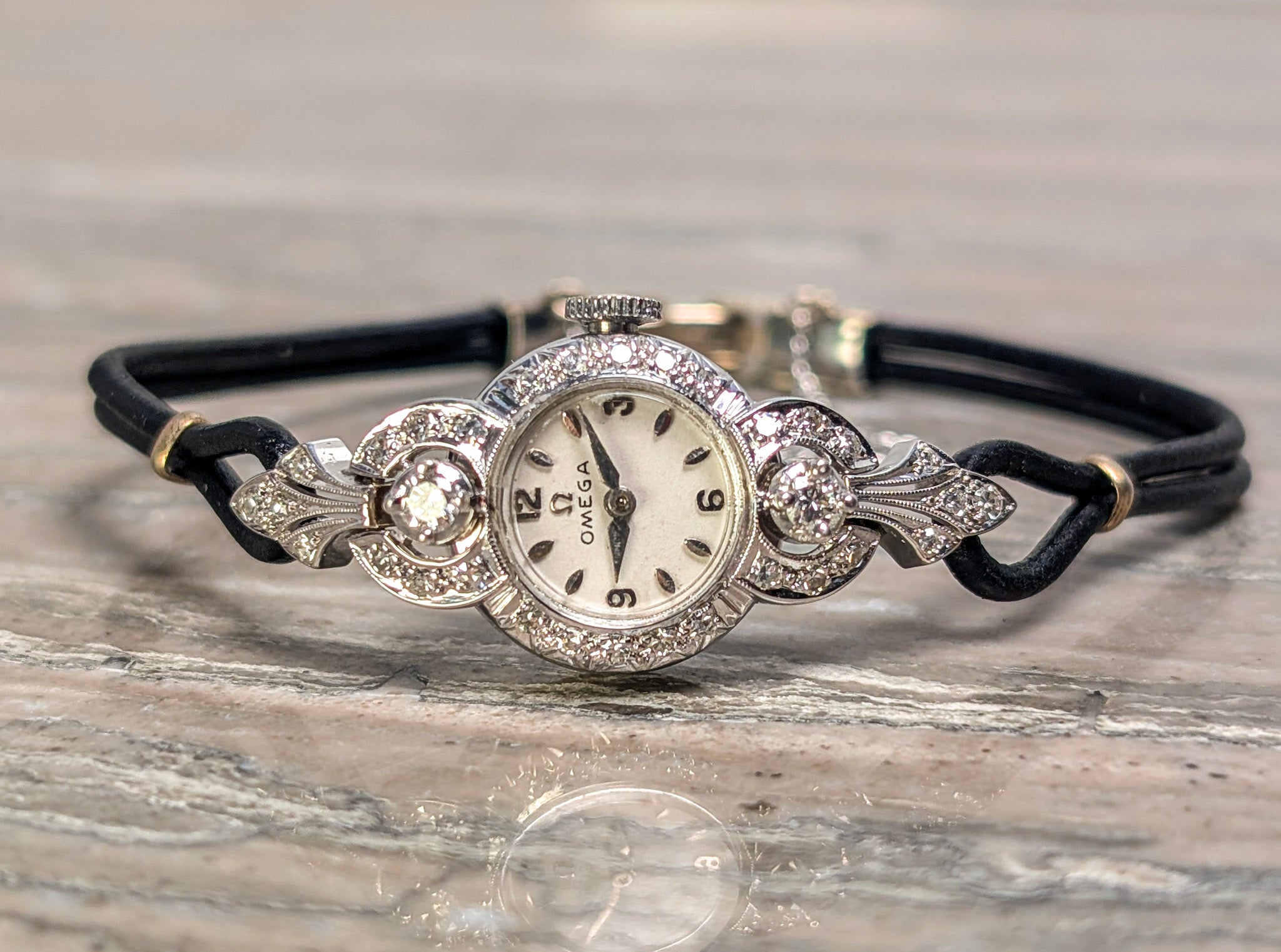 Vintage White Gold Omega Ladies Diamond Cocktail Watch Leather Cord 14K