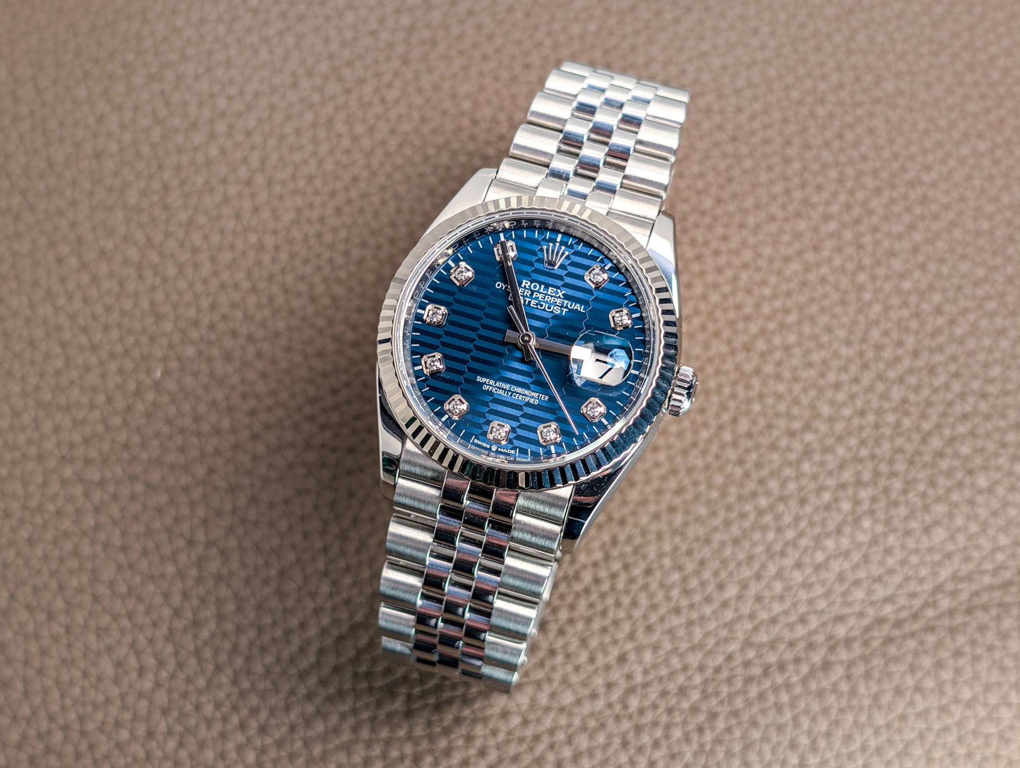 Rolex Datejust 36 Blue Fluted Motif Diamond Dial Jubilee 2023 Full Set 126234