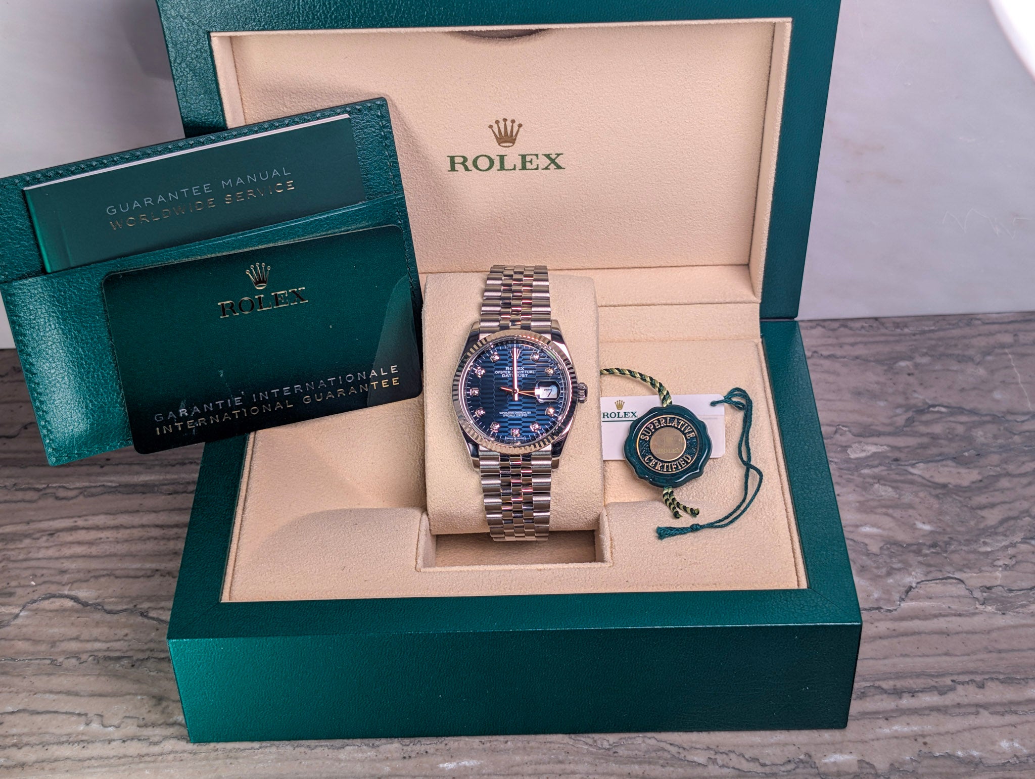 Rolex Datejust 36 Blue Fluted Motif Diamond Dial Jubilee 2023 Full Set 126234