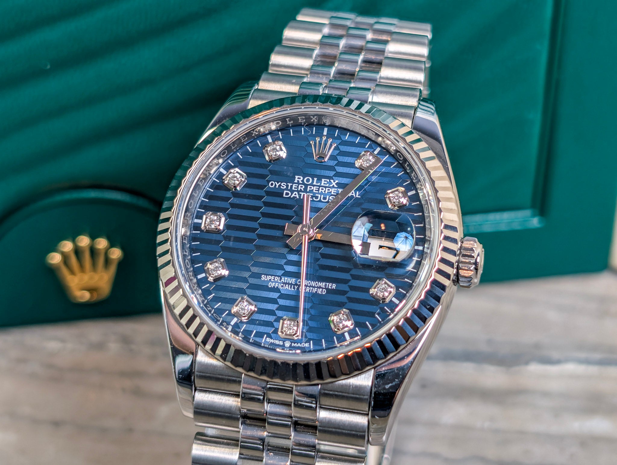 Rolex Datejust 36 Blue Fluted Motif Diamond Dial Jubilee 2023 Full Set 126234