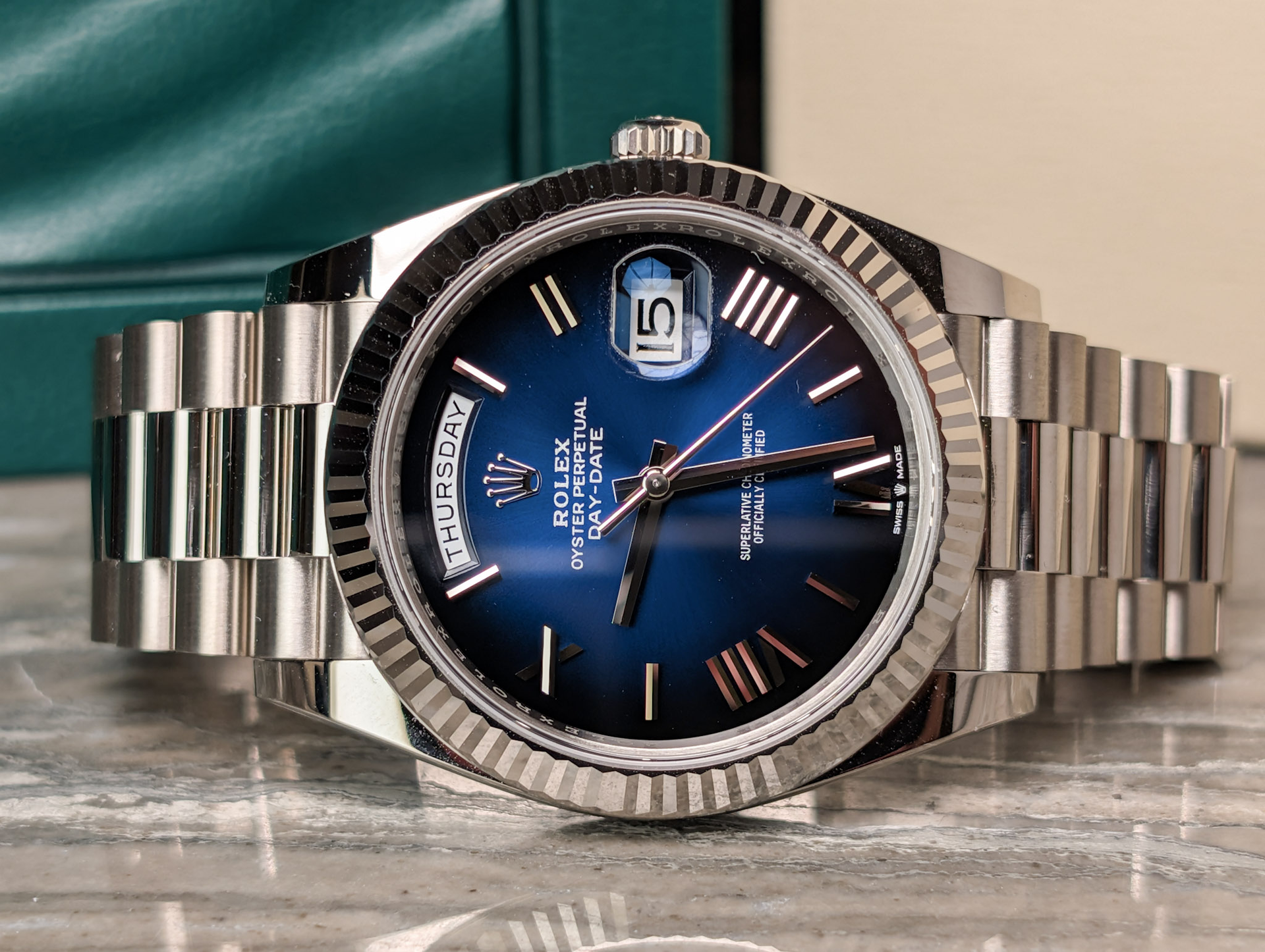 Unworn Rolex Day-Date 40 2025 Blue Ombre Dial White Gold Watch Full Se