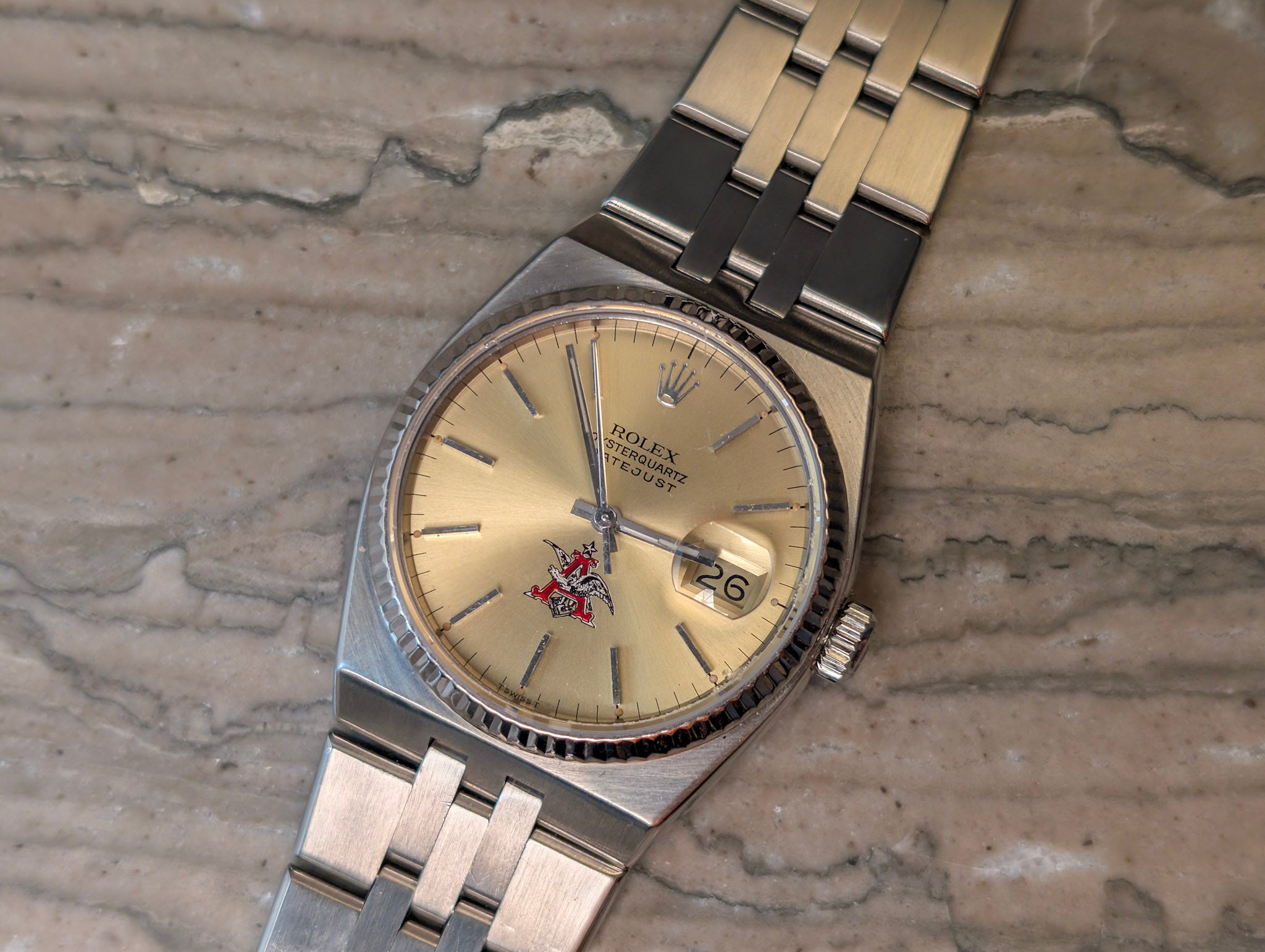 Rolex Oysterquartz Datejust 17014 – Steel/White Gold – Rare Anheuser-Busch Dial