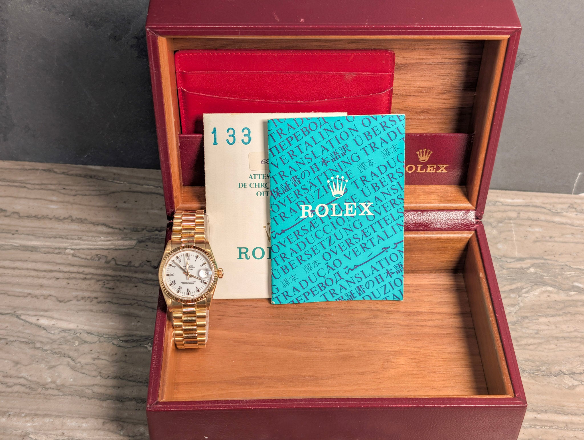 Rolex Datejust 68278 President 18K Yellow Gold White Roman Dial Ladies 31mm – Box & Papers