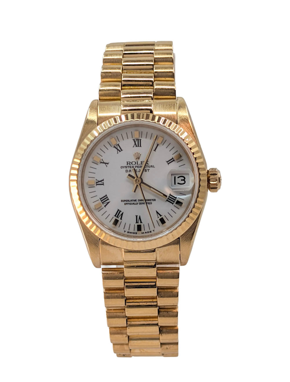 Rolex Datejust 68278 President 18K Yellow Gold White Roman Dial Ladies 31mm – Box & Papers