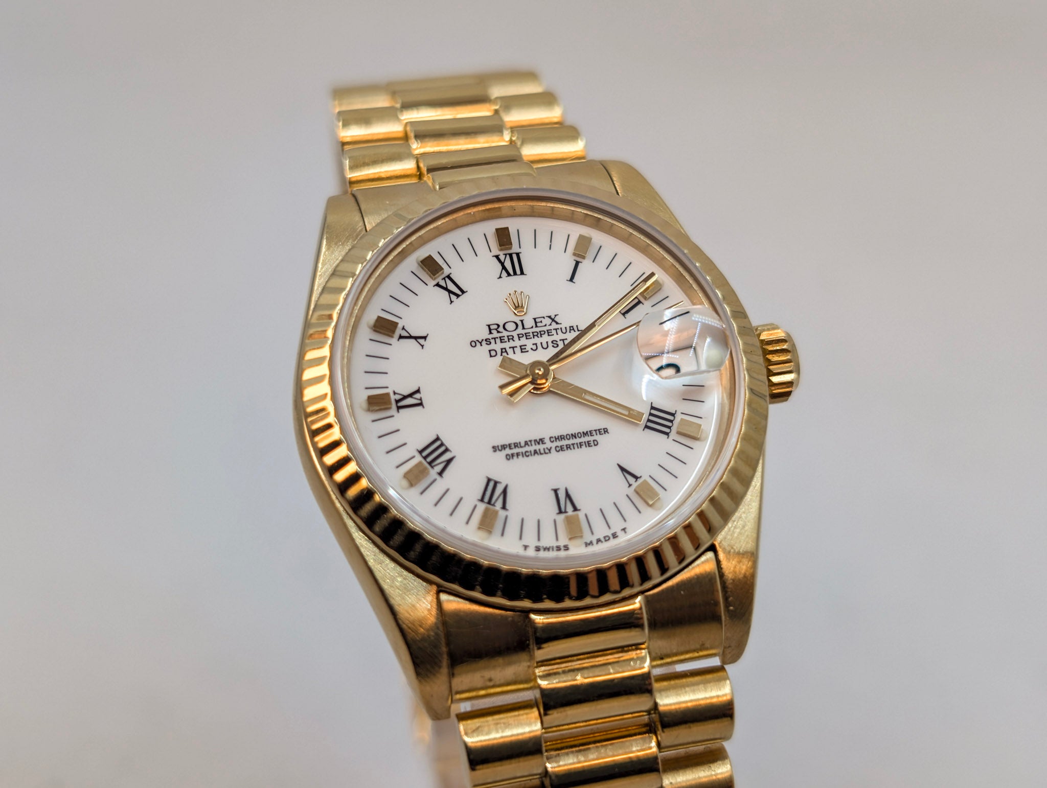 Rolex Datejust 68278 President 18K Yellow Gold White Roman Dial Ladies 31mm – Box & Papers