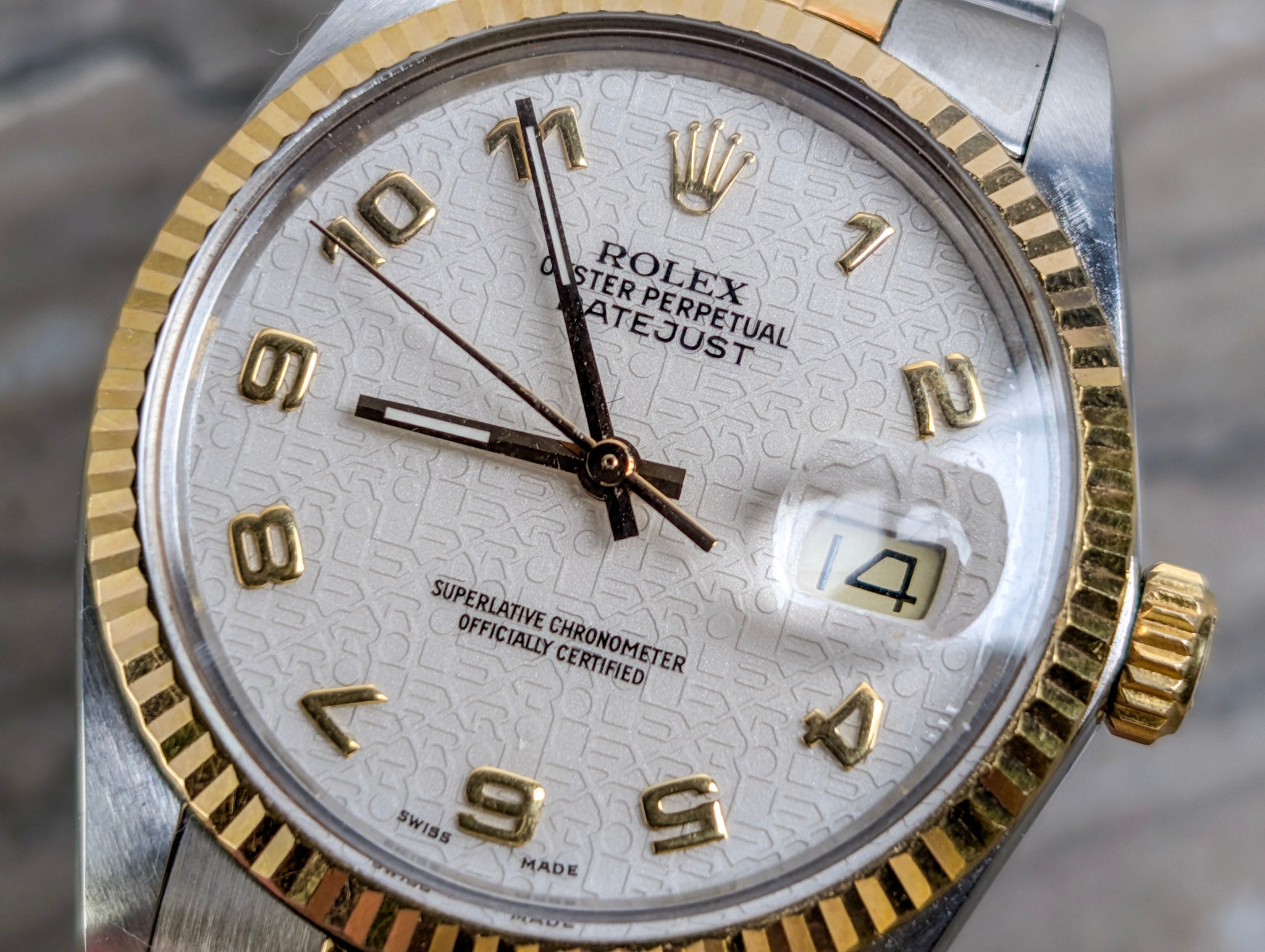 Rolex Datejust Two Tone 36 White Motif Anniversary Dial Arabic Yellow Gold Steel
