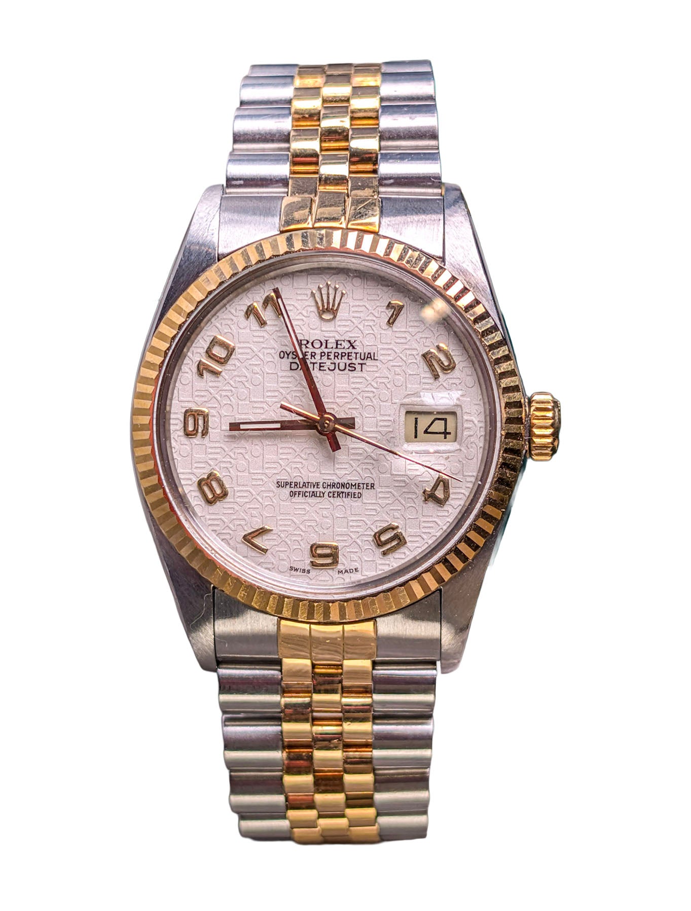 Rolex Datejust Two Tone 36 White Motif Anniversary Dial Arabic Yellow Gold Steel
