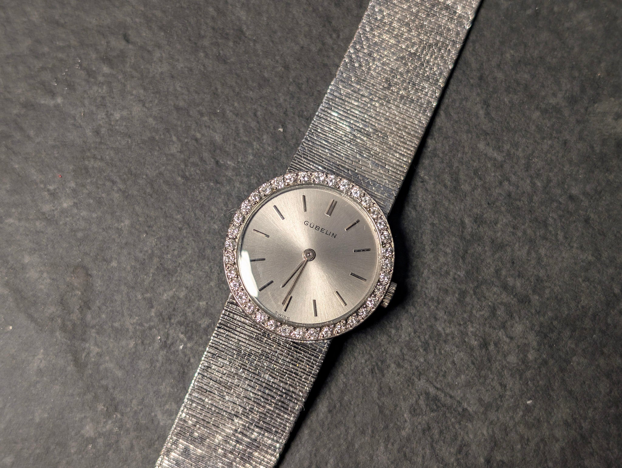 Gubelin White Gold Diamond Bezel Sunburst Dial 24mm Vintage Swiss Watch