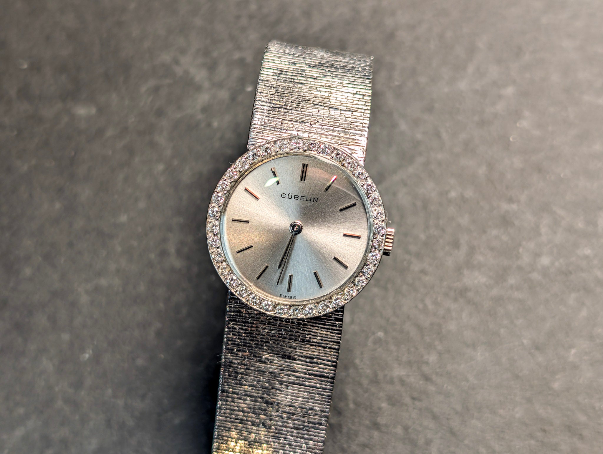 Gubelin White Gold Diamond Bezel Sunburst Dial 24mm Vintage Swiss Watch