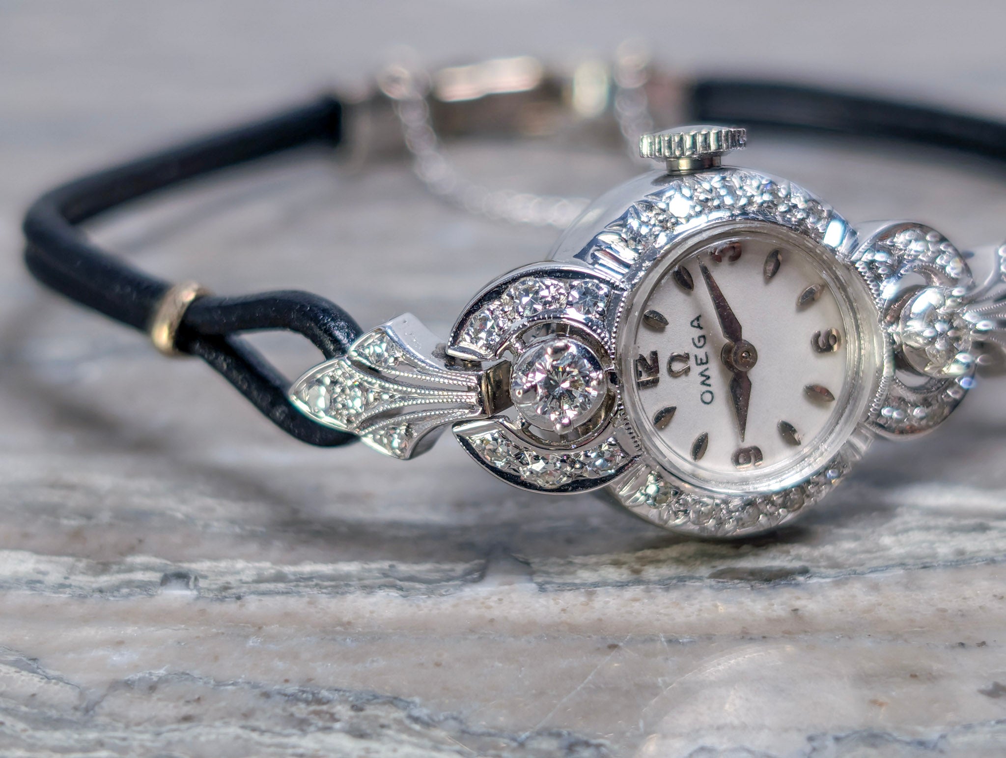 Vintage White Gold Omega Ladies Diamond Cocktail Watch Leather Cord 14K