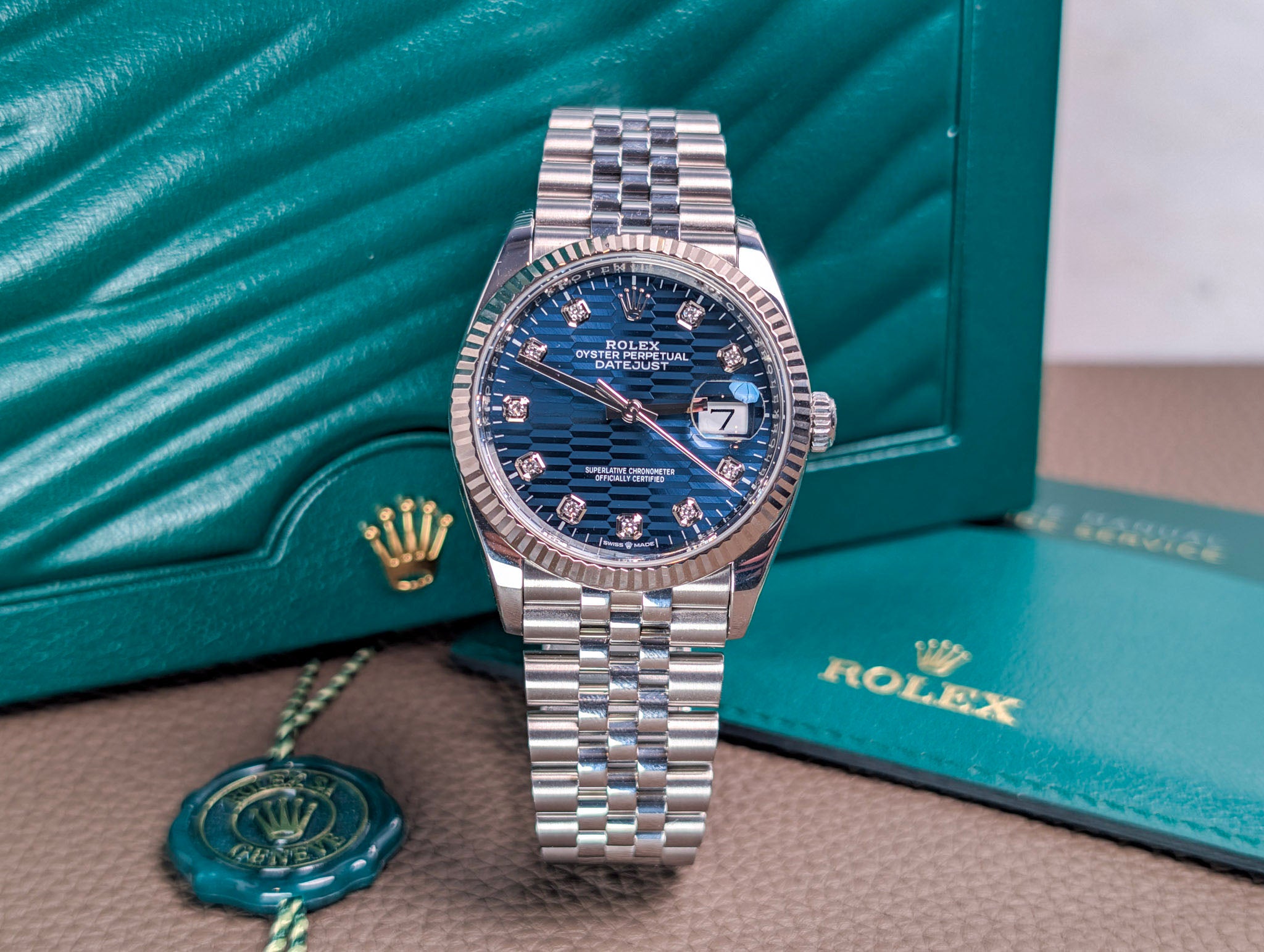 Rolex Datejust 36 Blue Fluted Motif Diamond Dial Jubilee 2023 Full Set 126234