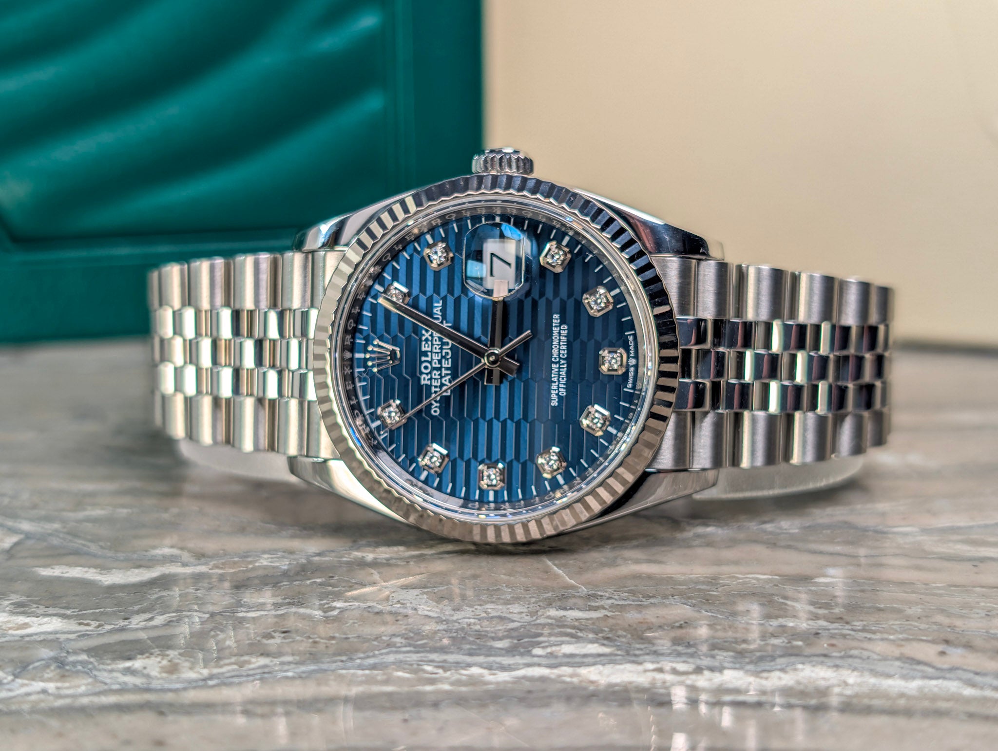 Rolex Datejust 36 Blue Fluted Motif Diamond Dial Jubilee 2023 Full Set 126234