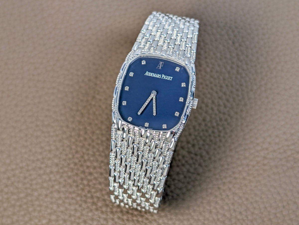 Audemars Piguet Cobra 18k White Gold Beads of Rice Blue Diamond Dial & Hands